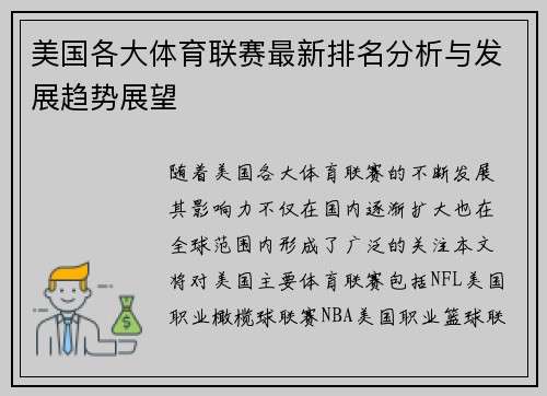 美国各大体育联赛最新排名分析与发展趋势展望
