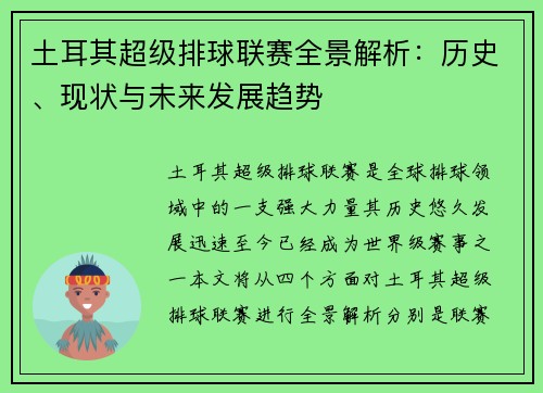 土耳其超级排球联赛全景解析：历史、现状与未来发展趋势